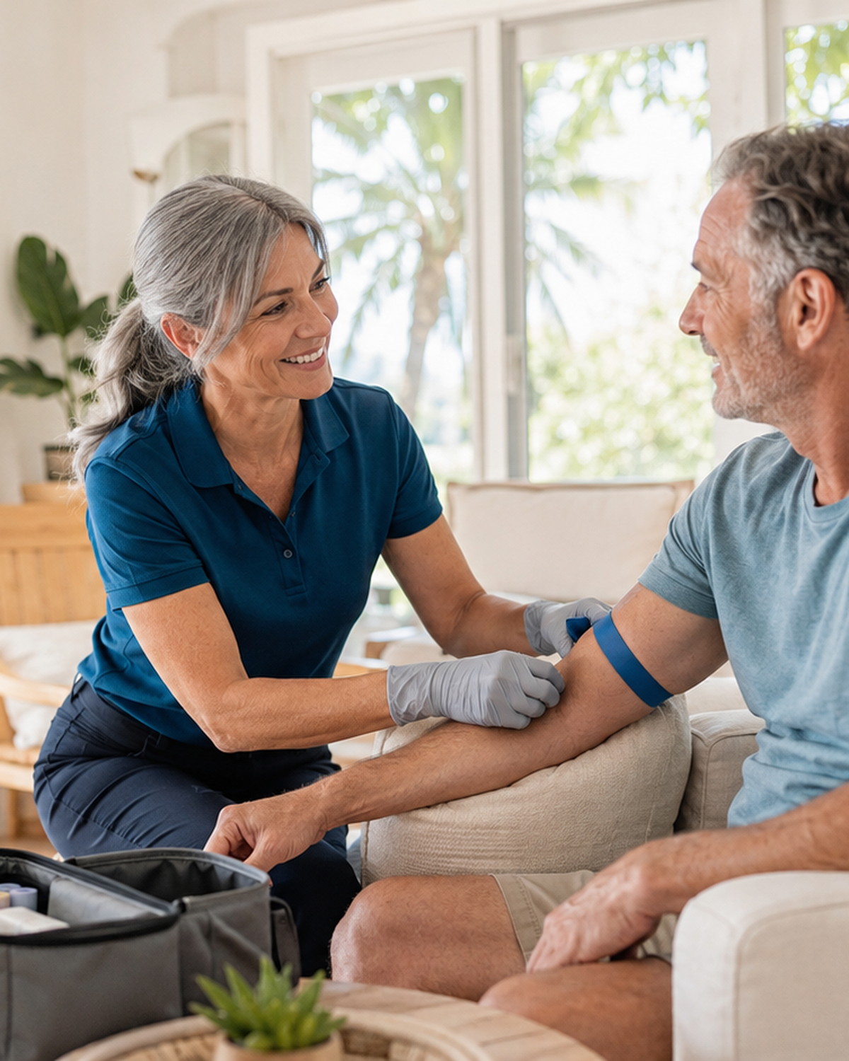 A mobile phlebotomist with a patient at home